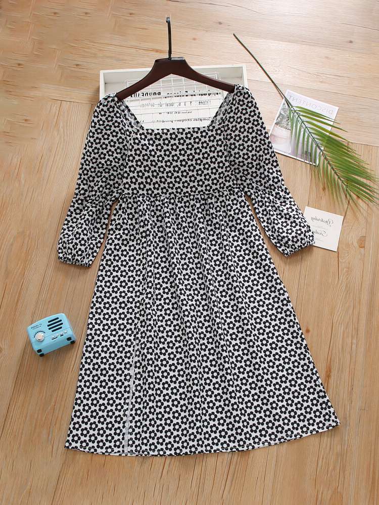  Boho Square Neck Black and White Girls Dresses 4700