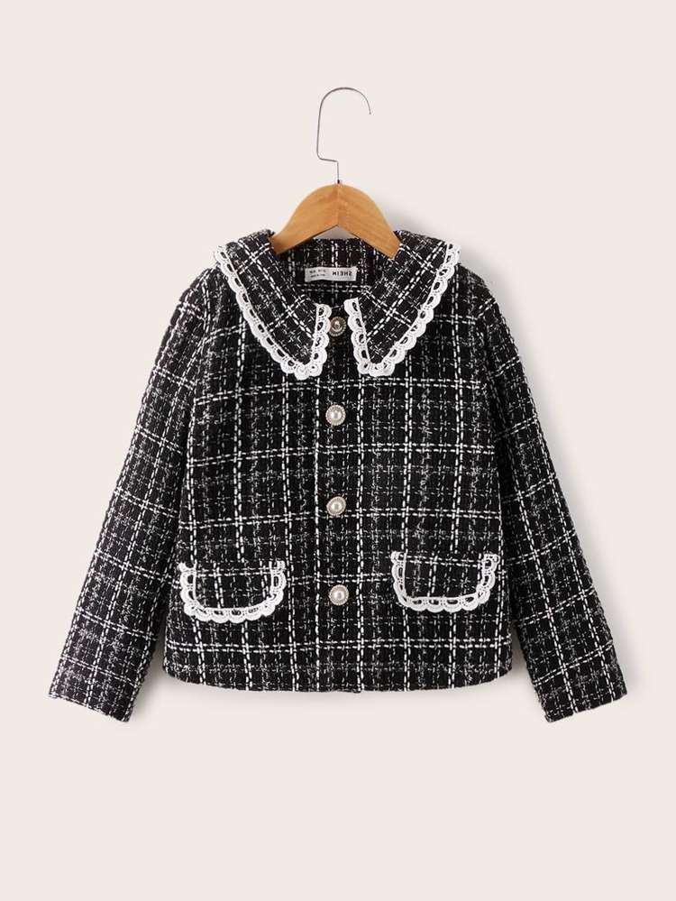  Button Plaid Peter Pan Collar Girls Jackets 8727