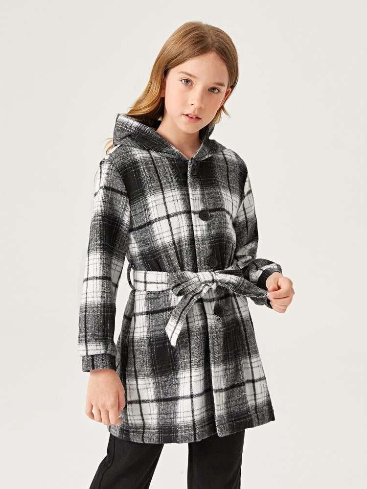 Hooded Black and White Plaid Girls Clothing 951