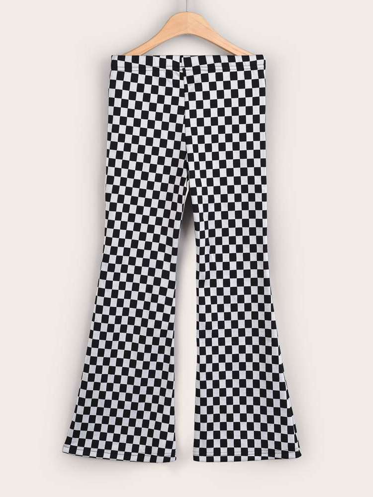 Plaid Black and White Long Regular Fit Girls Pants 7505