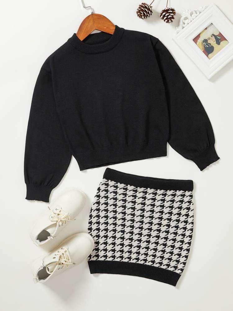 Long Sleeve Casual Houndstooth Girls Sweater Co-ords 3427