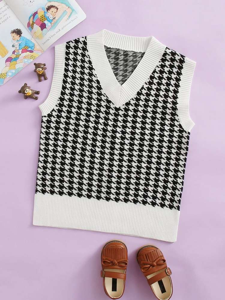 Houndstooth Regular Fit V neck Casual Kids Clothing 1291