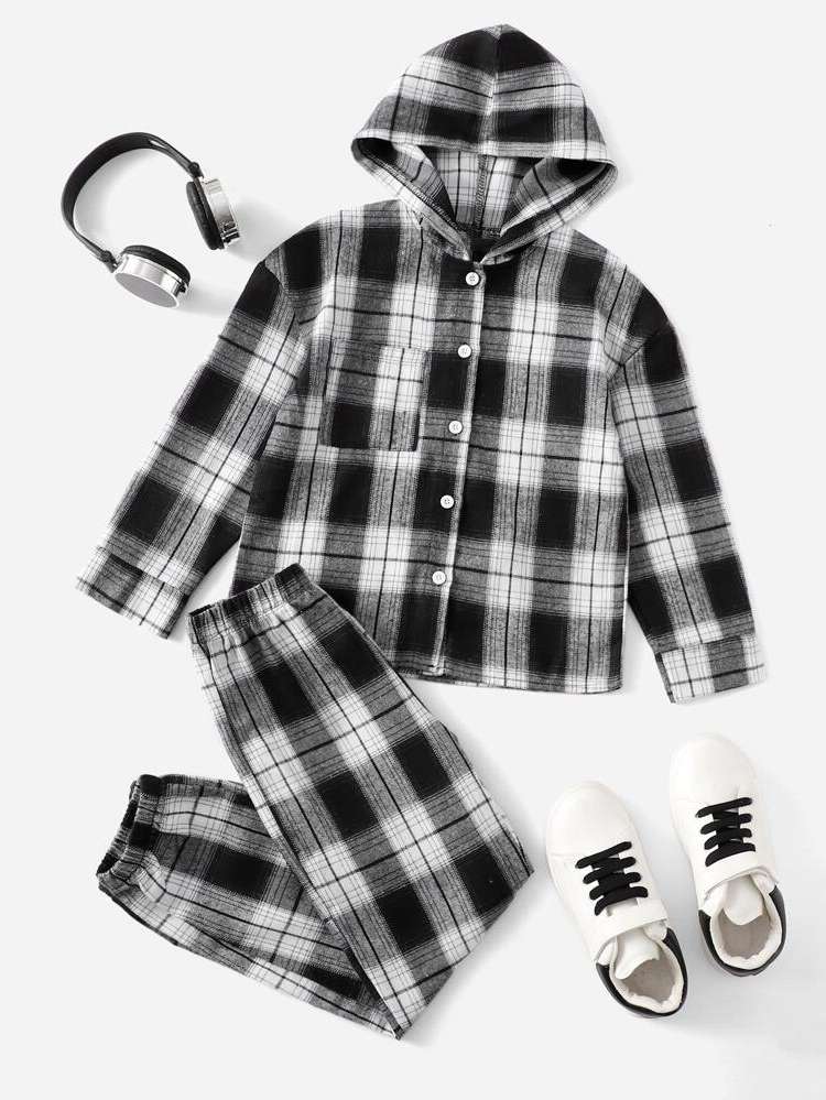 Black and White Hooded Preppy Kids Clothing 701