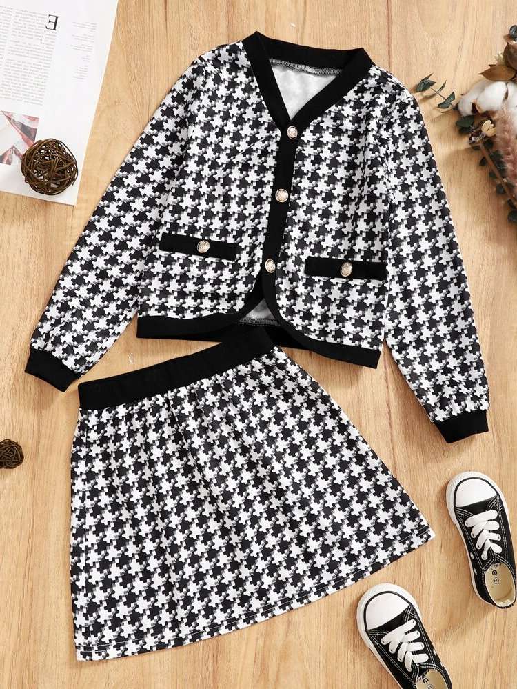 Black and White Dressy Button Front Long Sleeve Kids Clothing 1045