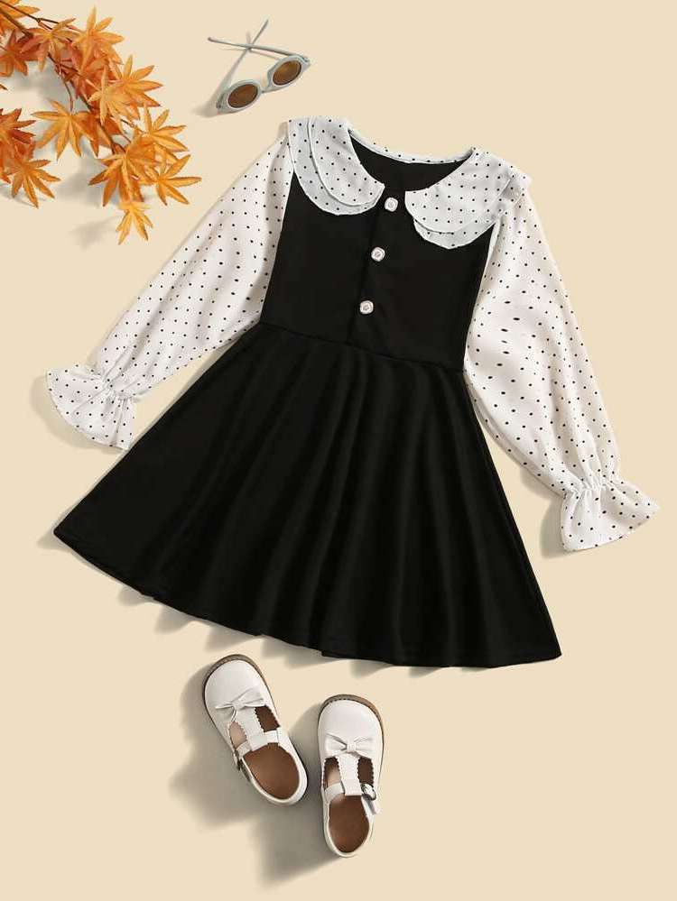 Tiered Layer Black and White Regular Fit Long Sleeve Girls Dresses 1090