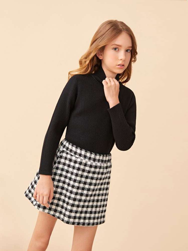 Rib-Knit Casual Gingham Long Sleeve Girls Clothing 9226