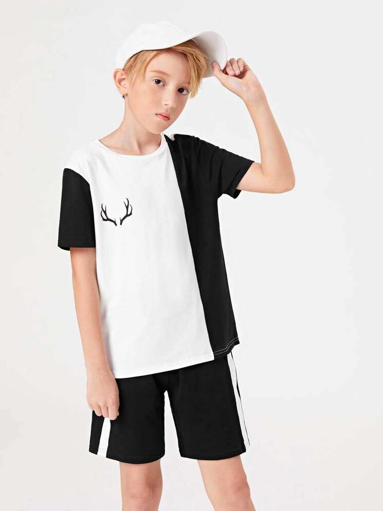 Colorblock Round Neck Sporty Black and White Kids Clothing 401