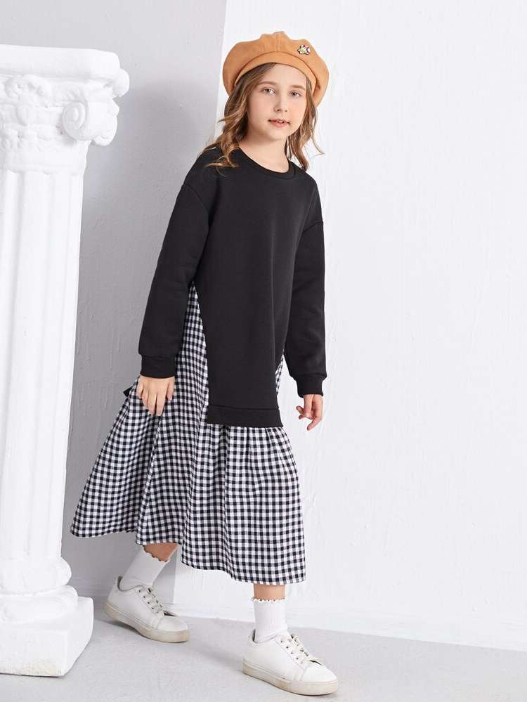 Black and White Casual Houndstooth Girls Clothing 743