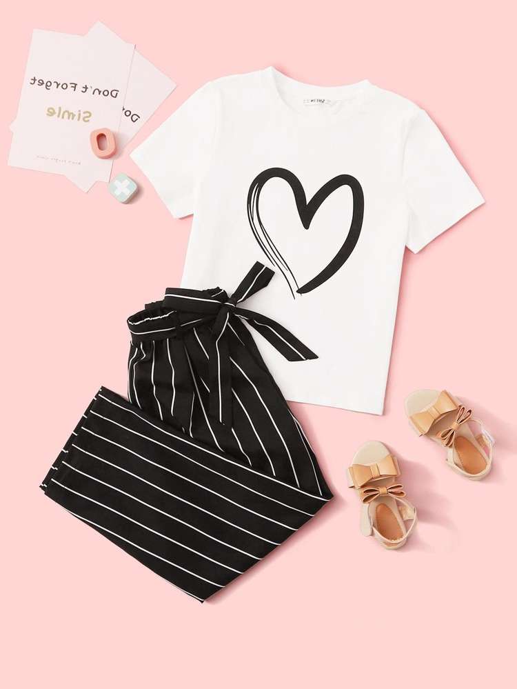  Short Sleeve Casual Black and White Girls Two-piece Outfits 8174