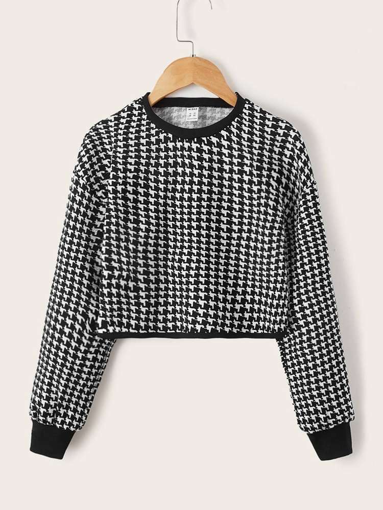 Round Neck  Houndstooth Kids Clothing 4373