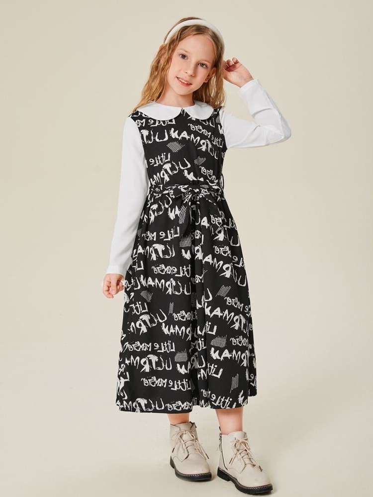 Long Contrast Collar Black and White Girls Dresses 5781