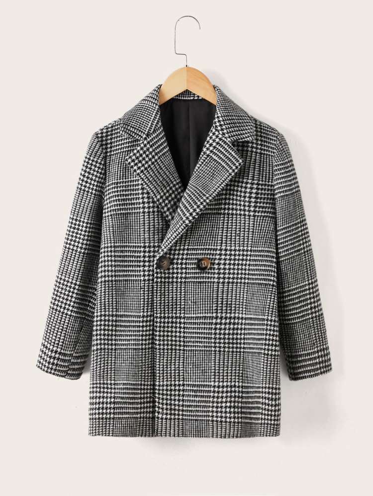 Black and White Lapel Plaid Regular Fit Girls Outerwear 4720