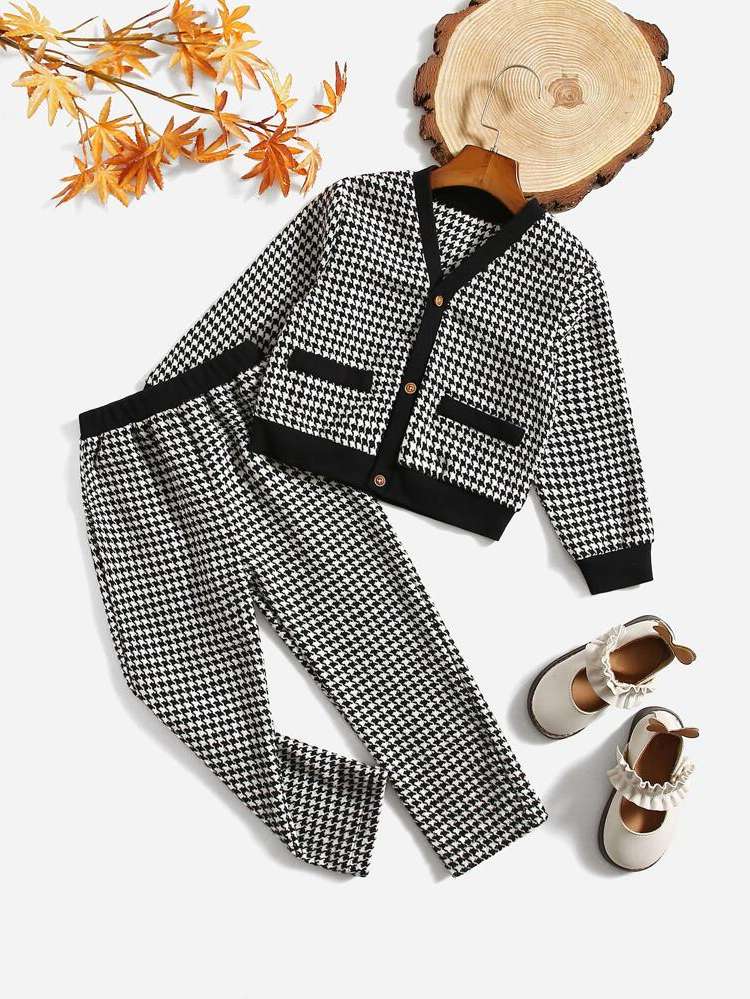 V neck Long Sleeve Fake Pockets Houndstooth Toddler Girls Clothing 2090