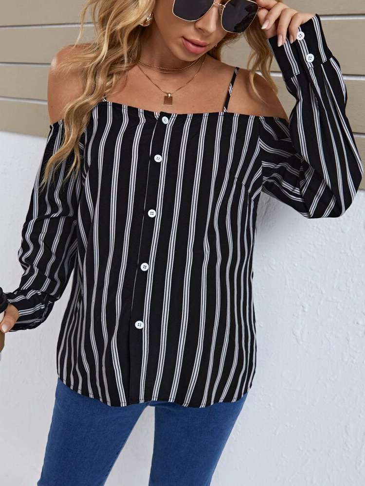 Regular Long Sleeve Black and White Cold Shoulder Maternity 2761