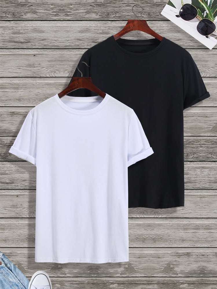 Short Sleeve Plain Black and White Regular Men Tops 1025