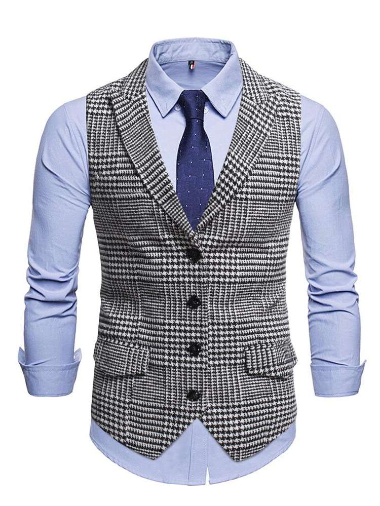 Plaid Lapel Sleeveless Men Blazers 6382