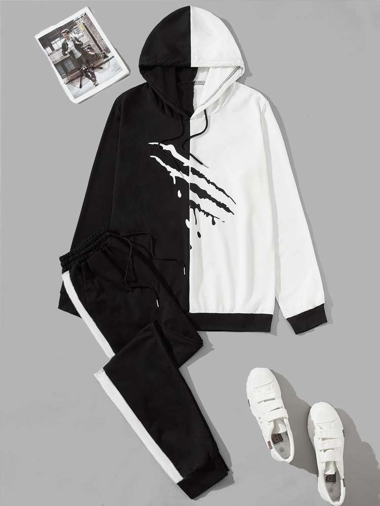 Drawstring Hooded Regular Fit Black and White Men Co-ords 783