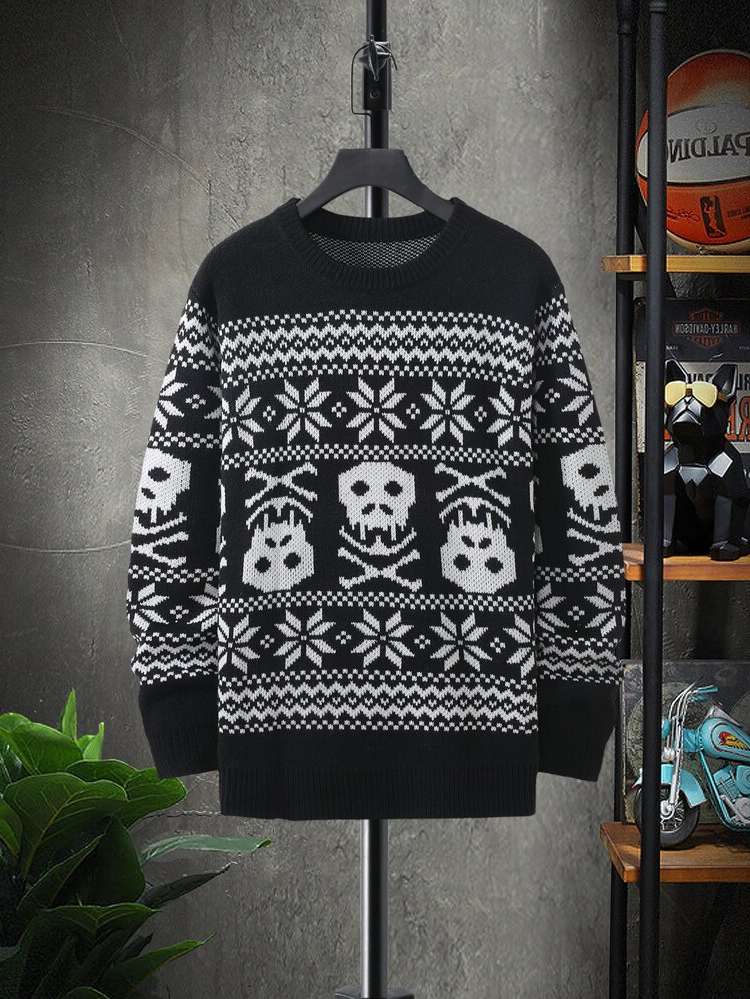 Long Sleeve Black and White Round Neck Men Knitwear 965