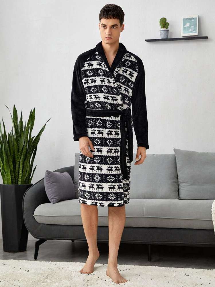  Black and White Long Sleeve Men Loungewear Robes 4134