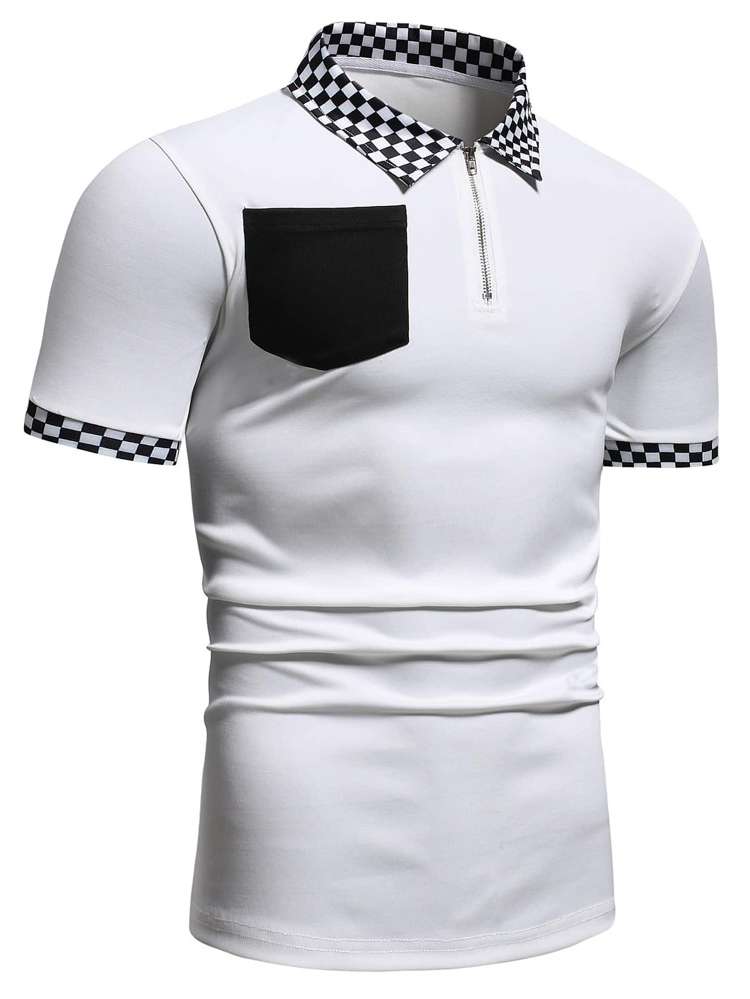 Polo Casual Black and White Zipper Men Polo Shirts 1072