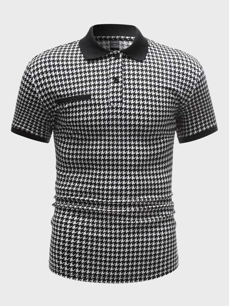  Button Houndstooth Short Sleeve Men Clothing 1855