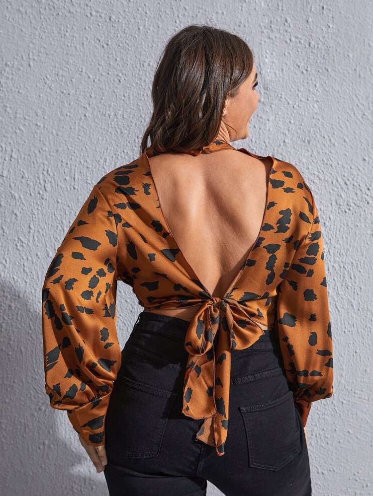 All Over Print Backless Stand Collar Long Sleeve Women Plus Clothing 986