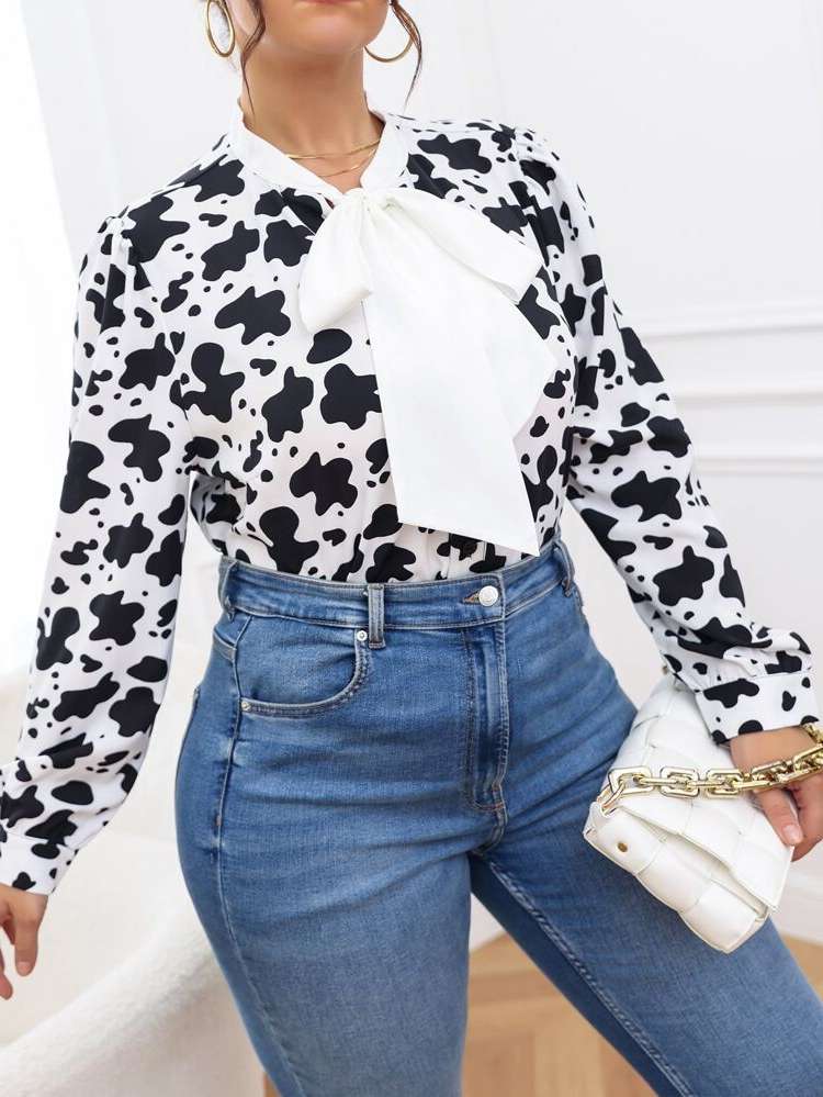  Tie Front Long Sleeve Black and White Plus Size Blouses 213