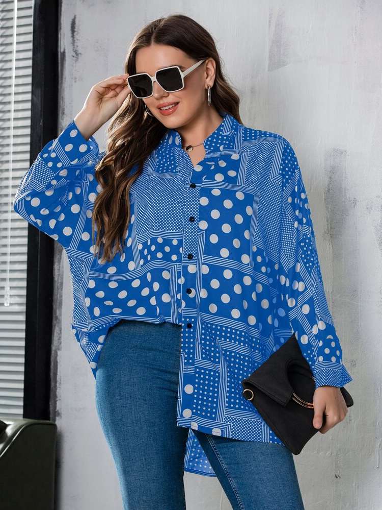  Patchwork Button Long Sleeve Women Plus Clothing 8210