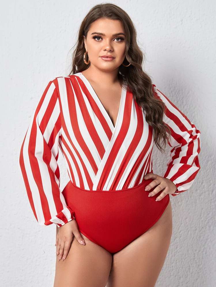 Long Sleeve Striped Deep V Neck Plus Size Bodysuits 628