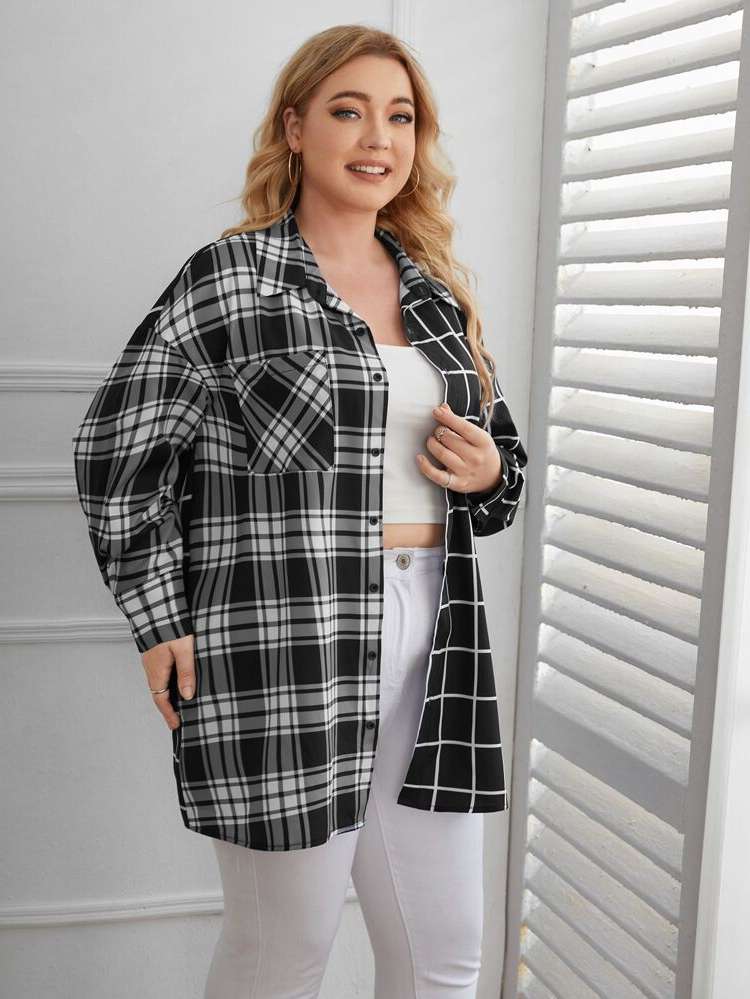 Plaid Long Sleeve Collar Plus Size Outerwears 449