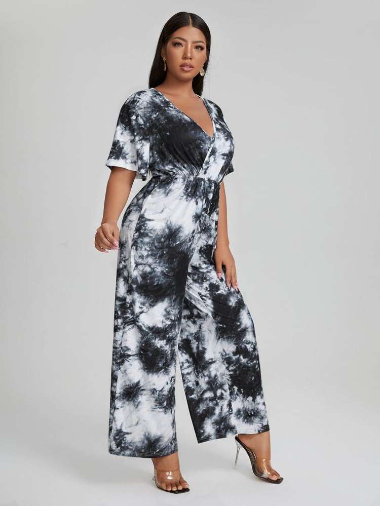 Boho Black and White Long Tie Dye Plus Size Jumpsuits  Bodysuits 2922