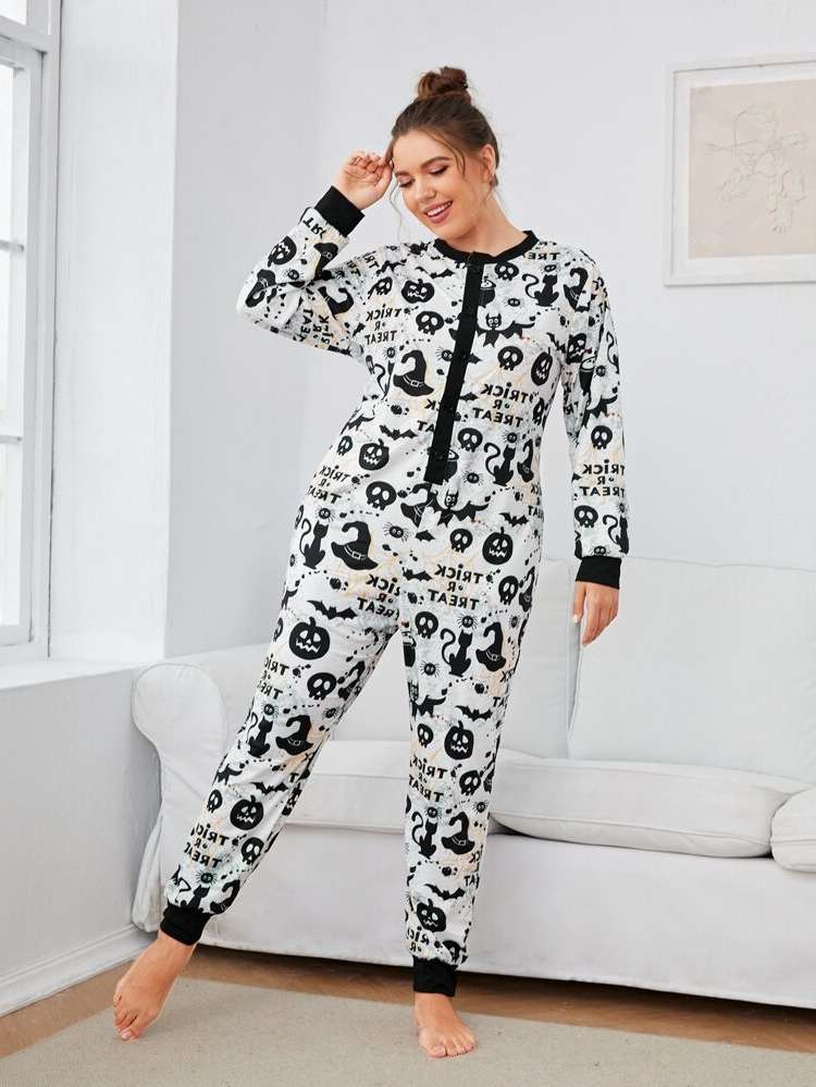  Long Sleeve Cute Plus Size Sleep Jumpsuits 5083