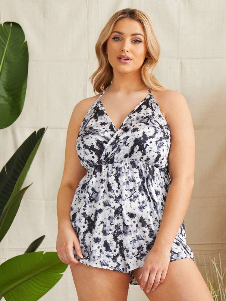  Halter Tie Dye Black and White Plus Size Sleep Jumpsuits 3856