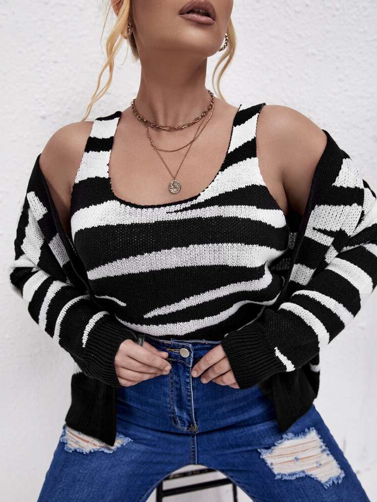 Zebra Stripe Scoop Neck Regular Fit Plus Size Sweater Co-ords 2721