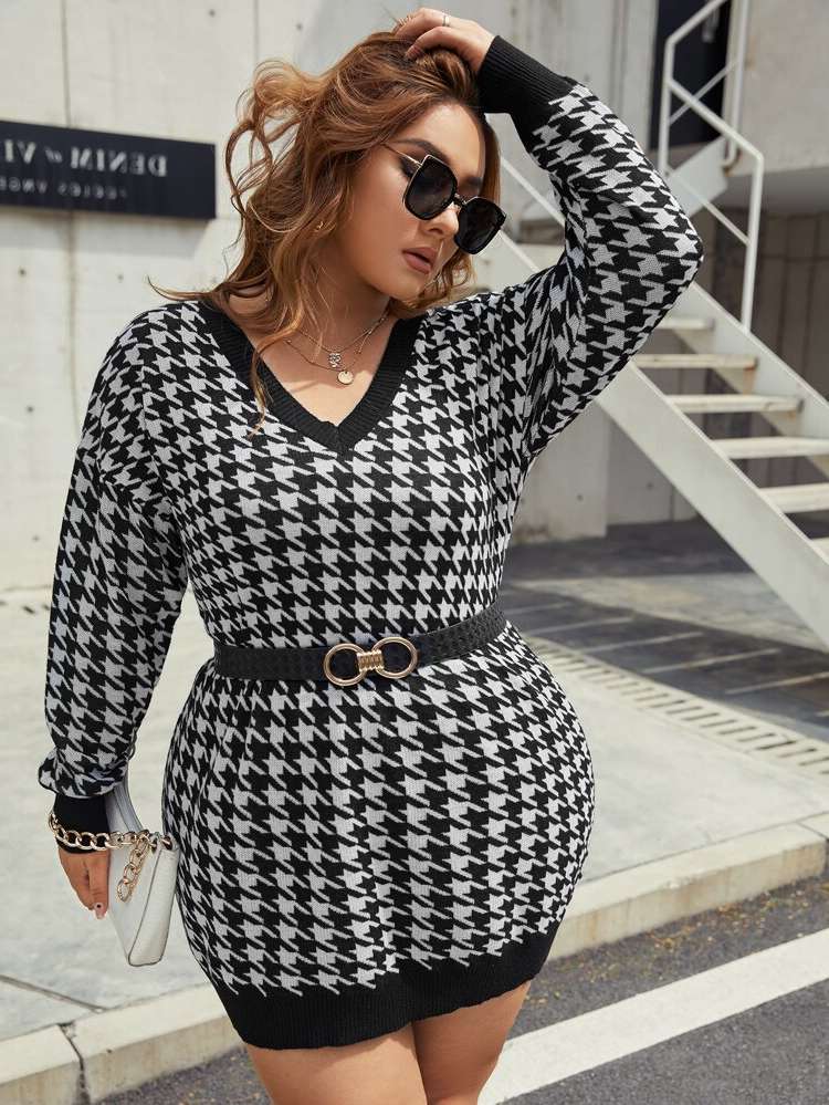 V neck Slim Fit Houndstooth Long Sleeve Plus Size Sweater Dresses 6612