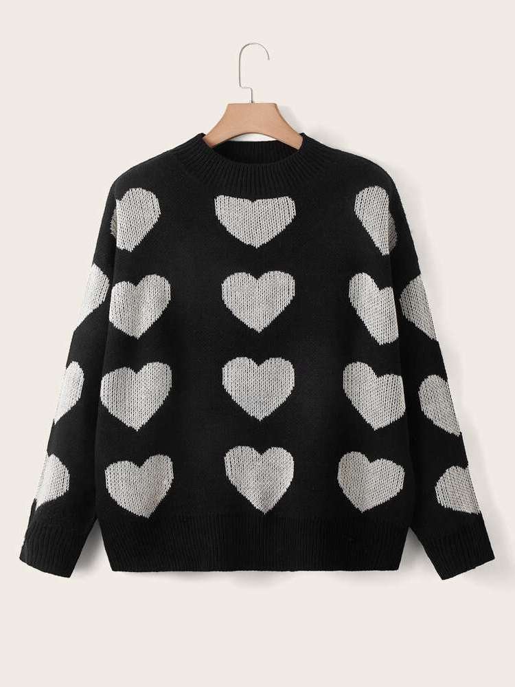  Black and White Heart Plus Size Knitwear 340