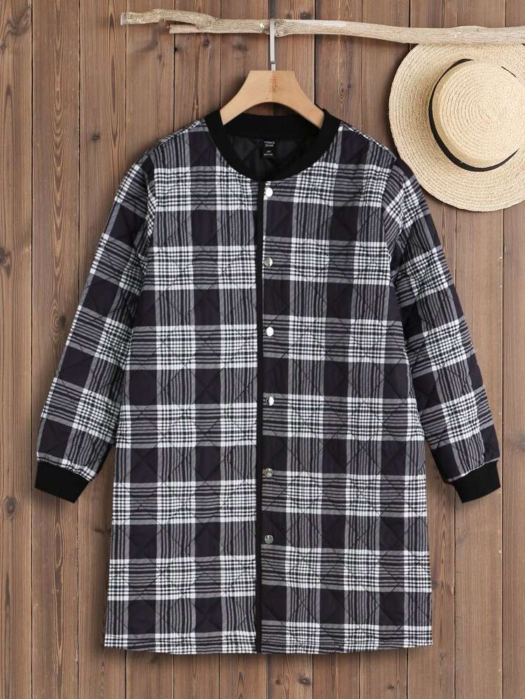 Casual Oversized Baseball Collar Plaid Plus Size Winter Coats 26