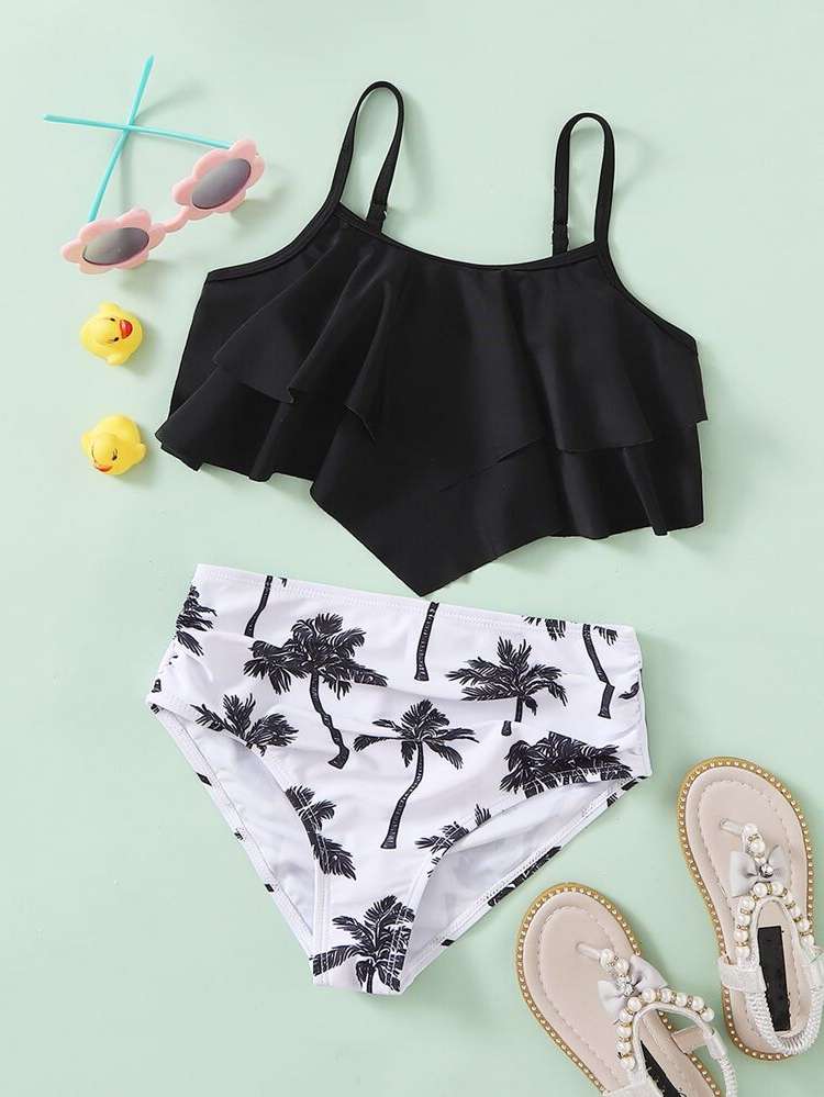 Tropical Ruched Black and White Toddler Girl Bikini Sets 6128