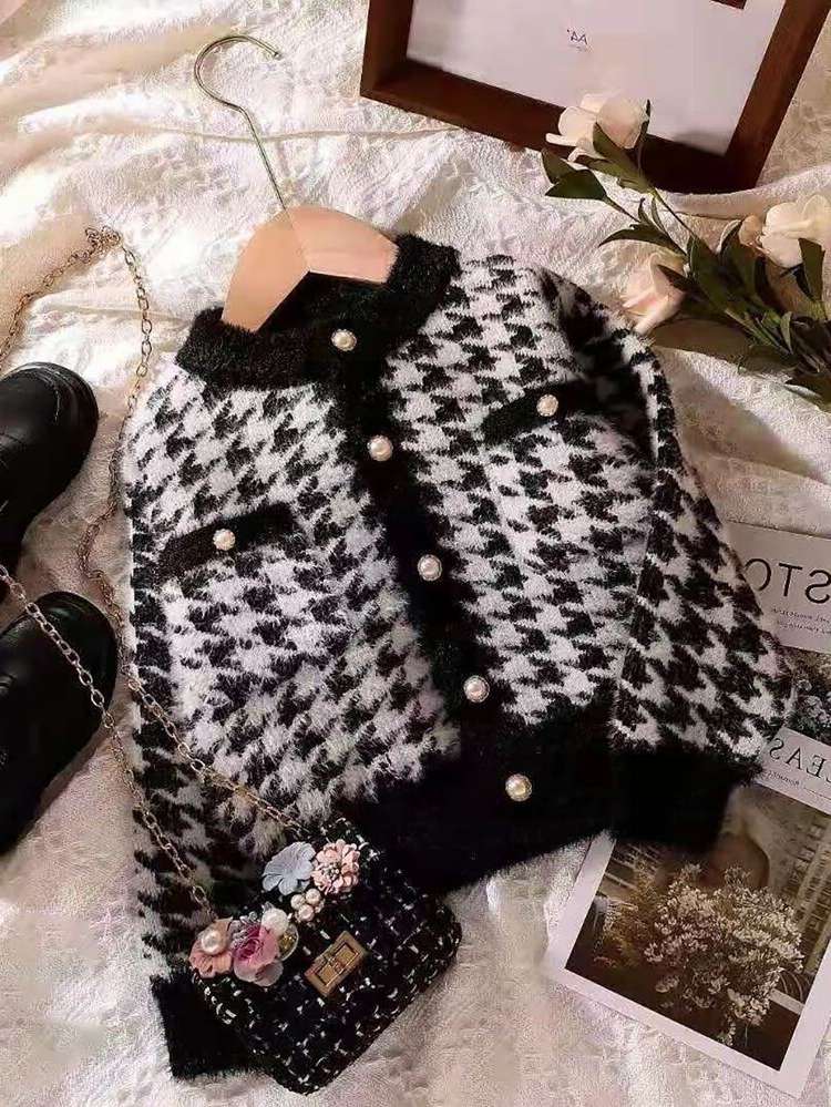 Casual Regular Fit Button Houndstooth Toddler Girl Cardigans 5743