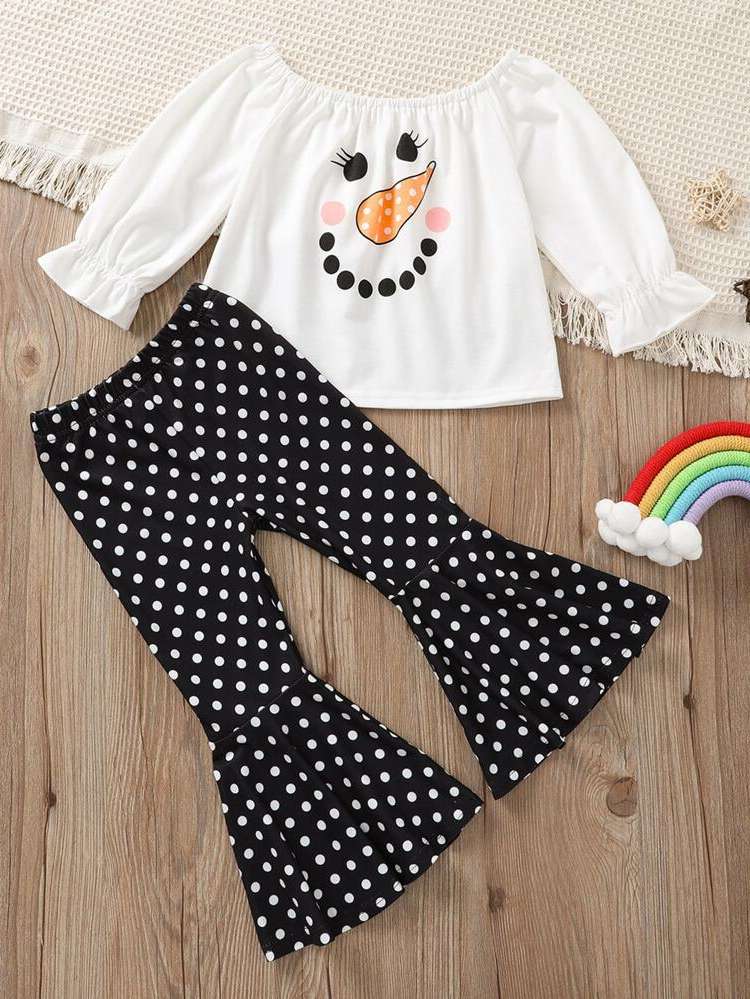 Cute Black and White Scoop Neck Toddler Girl Two-piece Outfits 4785