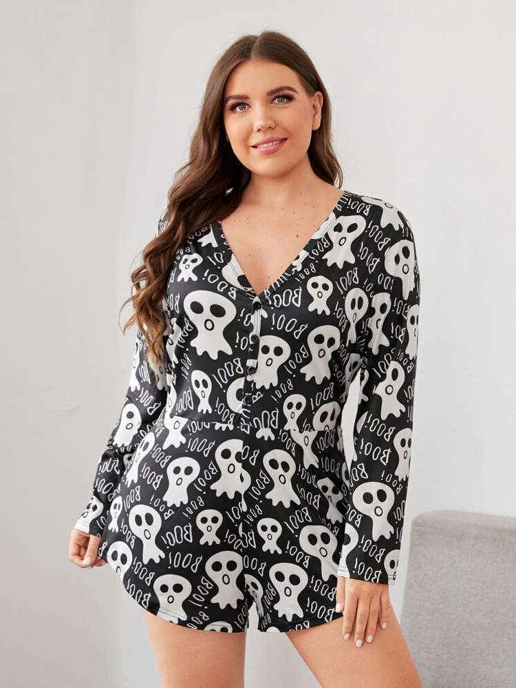 Long Sleeve Halloween V neck Plus Size Sleep Jumpsuits 2600