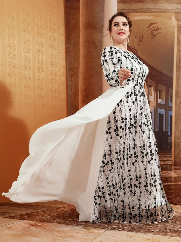  Long Sleeve Maxi Round Neck Plus Size Wedding Party Wear 112