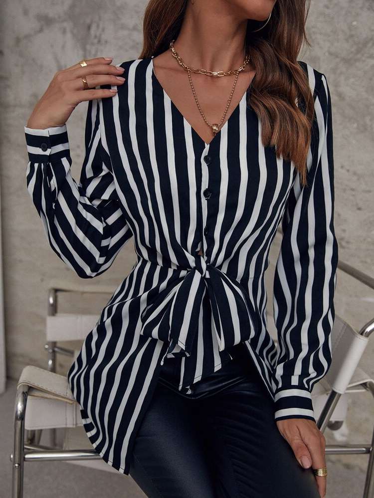 Striped Button Long Black and White Women Tops, Blouses  Tee 517