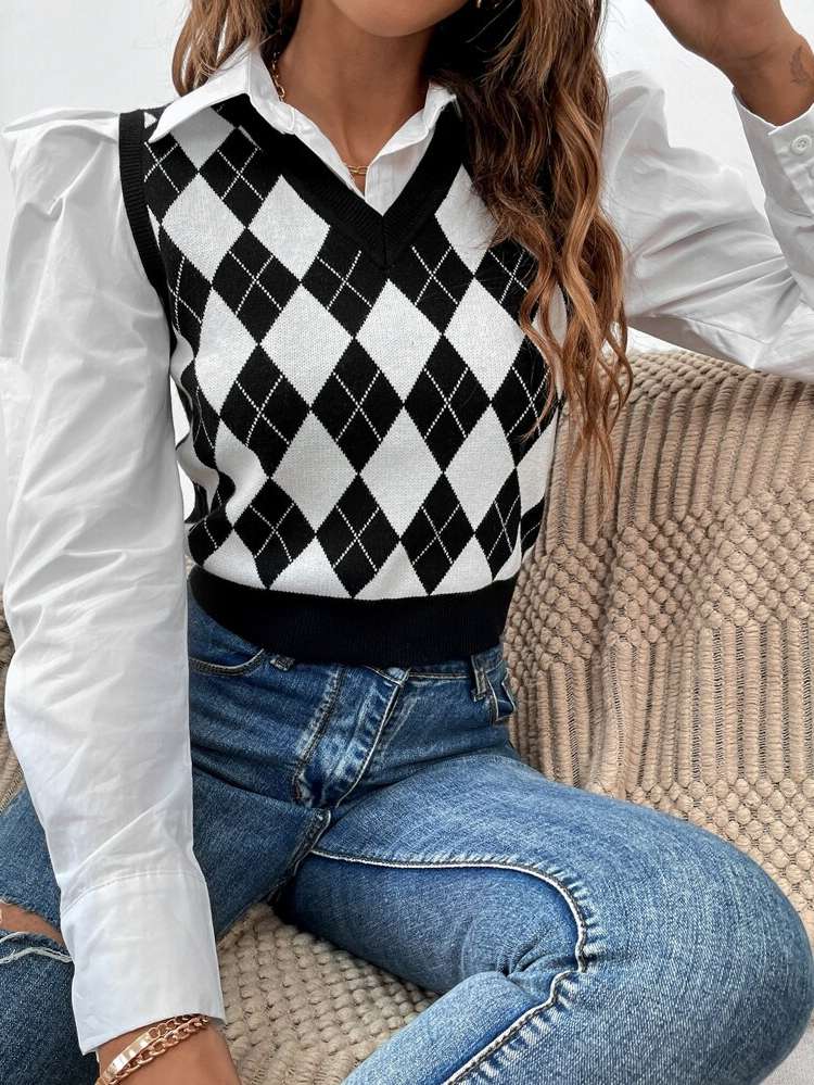  Geometric Crop Women Sweater Vests 9163