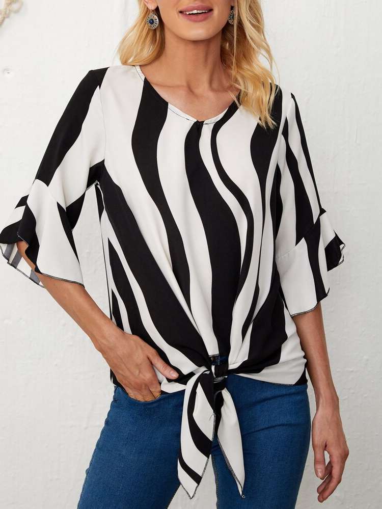 Black and White Three Quarter Length Sleeve Regular Regular Fit Women Blouses 373