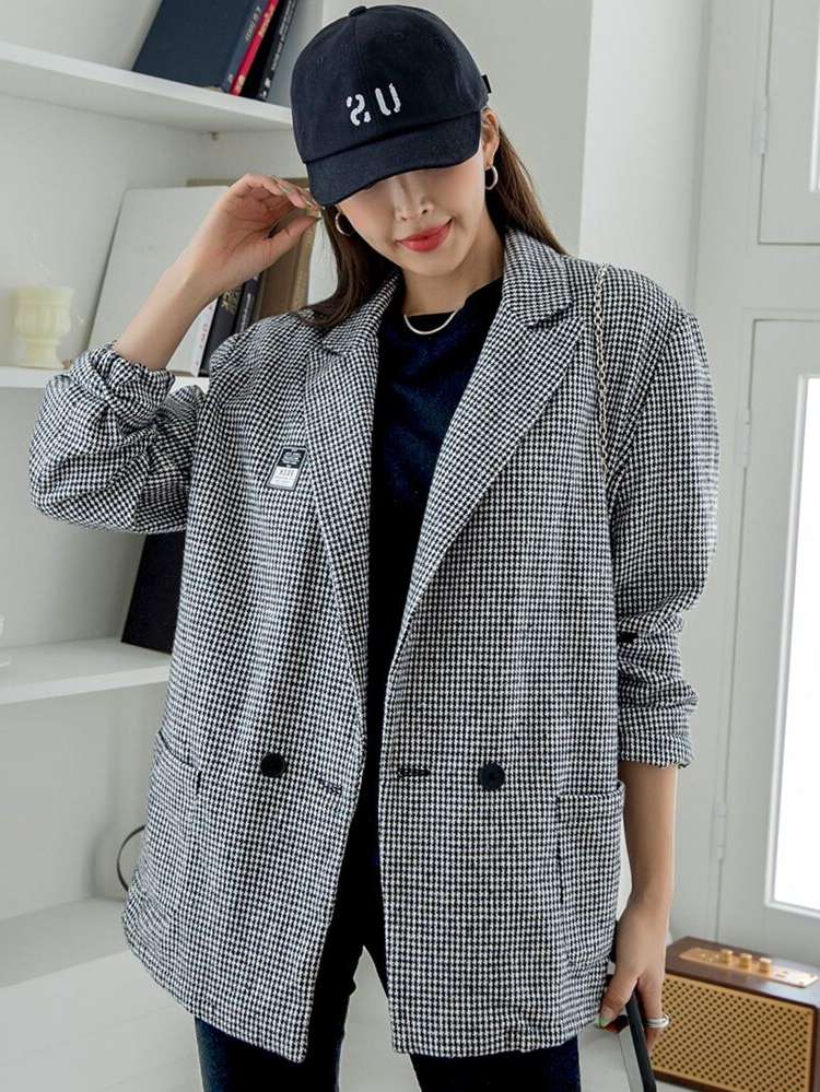 Houndstooth Long Sleeve Patched Regular Fit Women Suits 3193