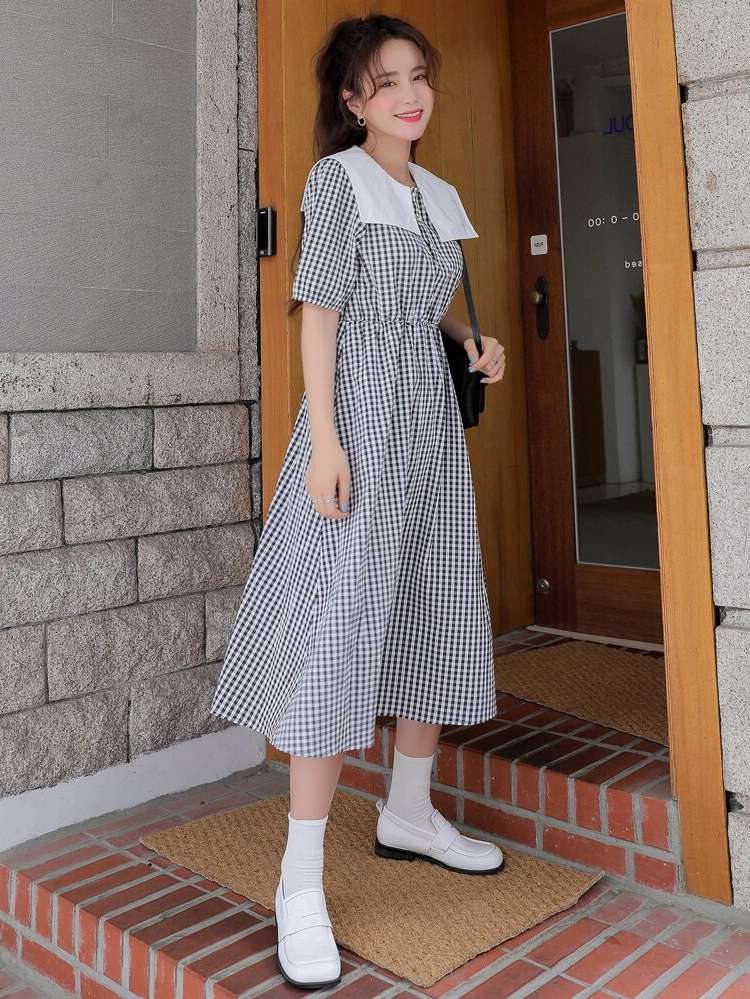 Gingham Button Black and White Short Sleeve Women Clothing 5378