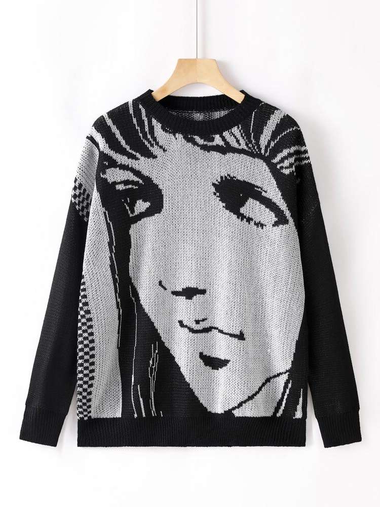 Regular Round Neck Black and White Women Knitwear 6246