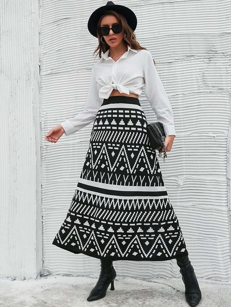 Black and White  Geometric Women Knitwear 4983