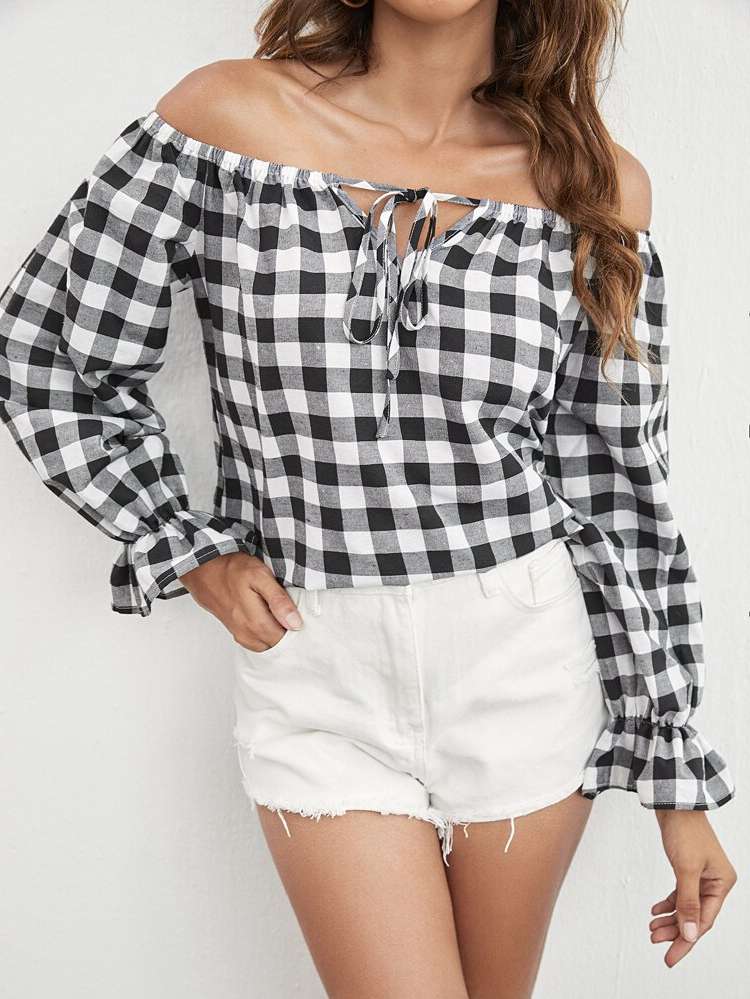 Black and White Ruffle Long Sleeve Women Tops, Blouses  Tee 7341